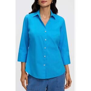 Foxcroft Women’s 10 Blue Mary Button Up Blouse 3/4 Sleeve Wrinkle Free Shirt NEW